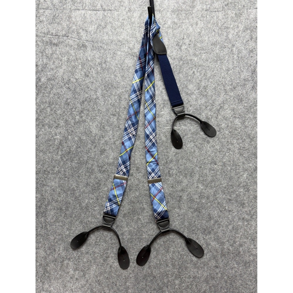 Mens Blue Plaid Suspenders Y-Back Leather Button End Made in England Tartan